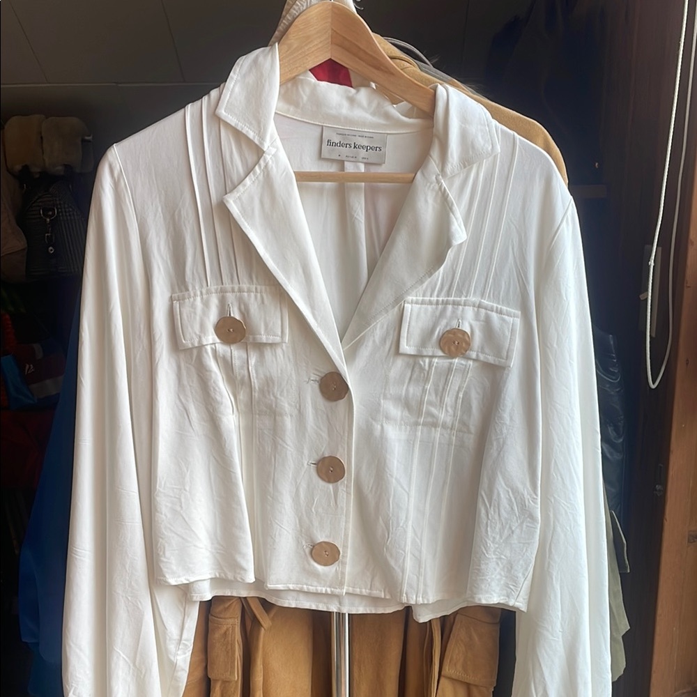 White Cropped Blazer with Button Details